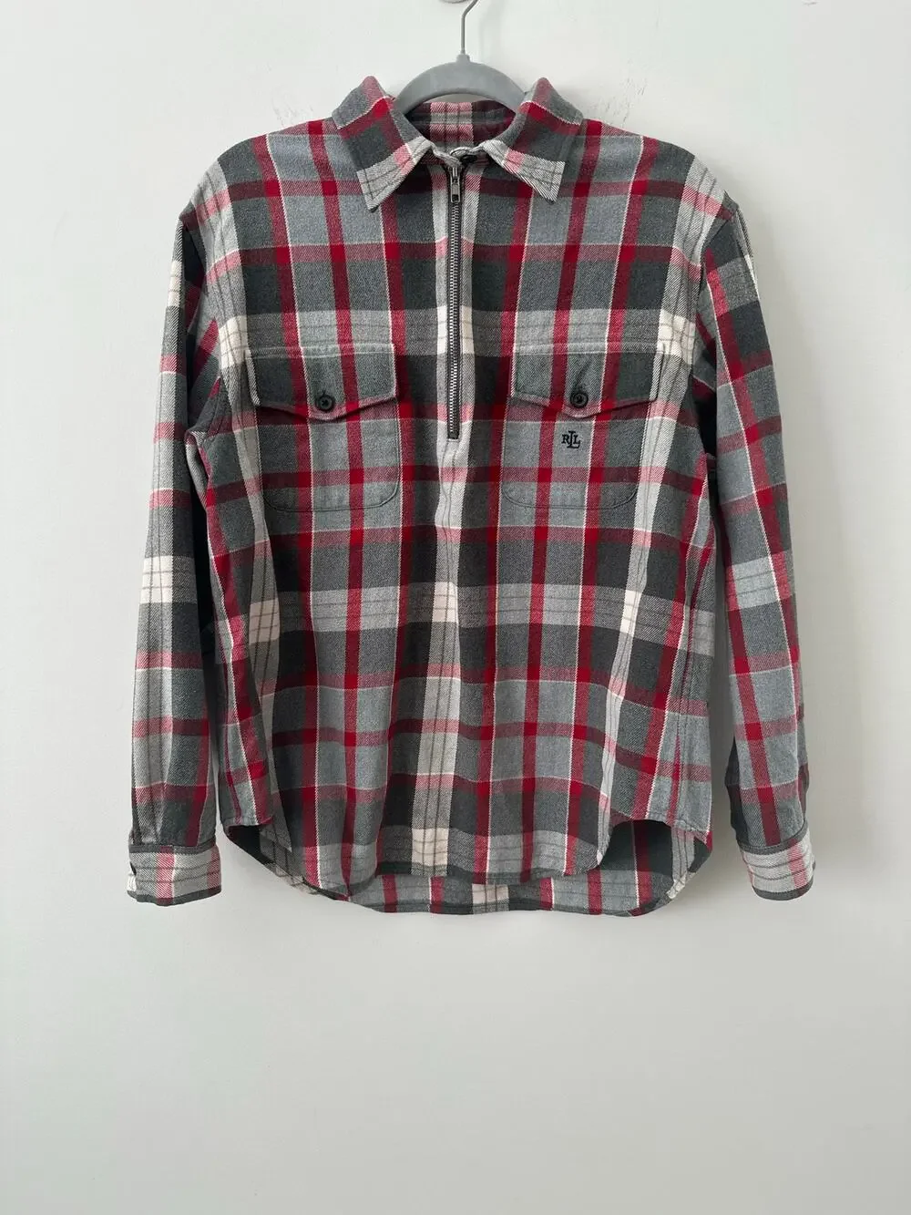 Lauren Ralph Lauren Plaid Flannel Shirt Men's Large Red Gray Half-Zip Casual